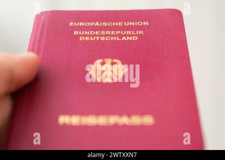 Hand hält einen deutschen Reisepass *** Hand holding a German passport Nordrhein-Westfalen Deutschland, Germany GMS11344 Stock Photo