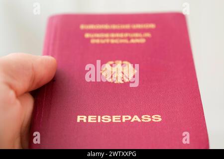 Hand hält einen deutschen Reisepass *** Hand holding a German passport Nordrhein-Westfalen Deutschland, Germany GMS11345 Stock Photo