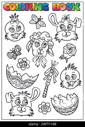 Easter coloring book for children - animal heads and egg shell - bunny, chick, lamb Stock Vector