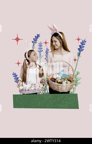 Collage image artwork of lovely cute attractive girls mom and daughter holding paschal symbols food basket isolated on drawing background Stock Photo