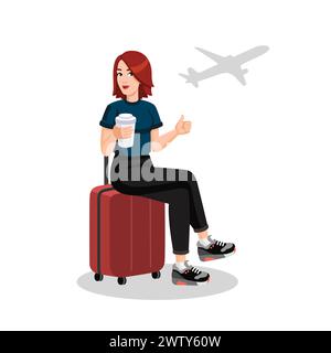 Young woman with coffee cup sitting on suitcase and showing thumbs up at the airport before flight. Traveling concept, flat design, cartoon style. Vector illustration Stock Vector