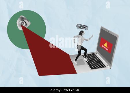 Trend artwork sketch 3D photo collage of young lady hacker run type on keyboard danger server attack spy eye watch try find password Stock Photo