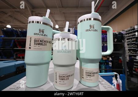 New York, USA. 16th Mar, 2024. Stanley tumblers are displayed at a Dick's Sporting Goods store, New York, NY, March 16, 2024. Due in part to social media driven popularity, Stanley tumblers, which come in a variety of sizes and colors, have become a very sought after product, causing a website crashes and rush-to-get at new product launch. (Photo by Anthony Behar/Sipa USA) Credit: Sipa USA/Alamy Live News Stock Photo
