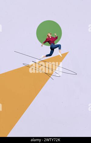 Composite 3D photo collage trend artwork sketch image of young attractive lady sport run jump on abstract road green circle on background Stock Photo