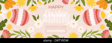 Easter sale horizontal banner template for promotion. Design with two painted eggs, floral elements, symmetrical composition. Hand drawn flat vector i Stock Vector
