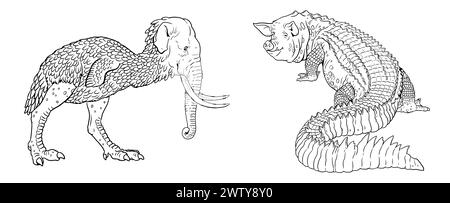 Coloring page with the animals mutants. Coloring book with fantasy creatures. Stock Photo