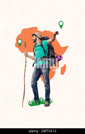 3D photo collage trend artwork composite sketch image of young tourist trekking wear huge backpack travel point in africa continent Stock Photo