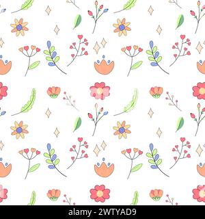 Seamless pattern,cute simple flowers,cartoon,children,on white background for fabric,wrapping paper,wallpaper vector Stock Vector