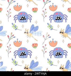 Seamless pattern,cute simple dragonfly,bug insect,cartoon,baby,on white background for fabric,wrapping paper Stock Vector