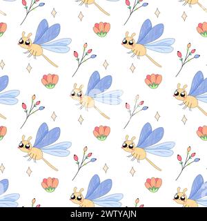 Seamless pattern,cute simple dragonfly,bug insect,cartoon,baby,on white background for fabric,wrapping paper Stock Vector