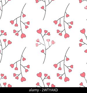 Seamless pattern,sprigs with red flowers in the shape of a heart,on a white background for fabric,wrapping paper Stock Vector