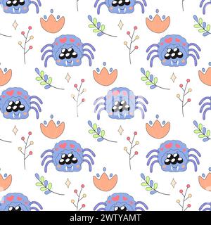 Seamless pattern,cute simple spider in flowers,bug insect,cartoon,kids,on white background for fabric,wrapping paper Stock Vector