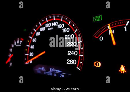Dashboard of modern car with speedometer and consumption Stock Photo