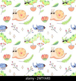 Seamless pattern, cute simple bugs, snail, insects cartoon baby, on white background for fabric, wrapping paper Stock Vector