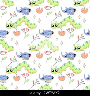 Seamless pattern, cute simple bugs, snail, insects cartoon baby, on white background for fabric, wrapping paper Stock Vector