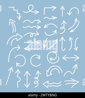 Simple hand drawn arrows collection. Arrows with different shapes, dotted arrows. White arrows on blue background. Vector illustration Stock Vector