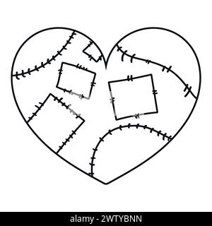 Heart with patches. Heart healed and mended with stitches. Monochrome heart decoration. Vector illustration Stock Vector