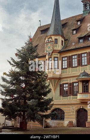 Winter Festivities in Bitigheim-Bissingen: Charming Half-Timbered Houses Adorned with Christmas Decorations. New Year's atmosphere of Bitigheim Stock Photo