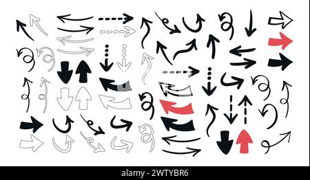 Hand drawn arrows collection. Arrows with different shapes, dotted arrows. Vector illustration Stock Vector
