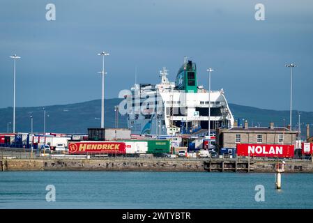 Irish Sea ferries ship at the quay in Hiolyhead harbour. Stock Photo