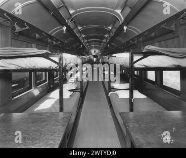 Sleeping car early train showing bunkbeds lining both sides of the train Stock Photo