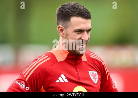 Aaron Ramsey of Wales during warms up ahead of the Wales open training session at Vale Resort Training complex, Hensol, United Kingdom, 20th March 2024  (Photo by Craig Thomas/News Images) Stock Photo