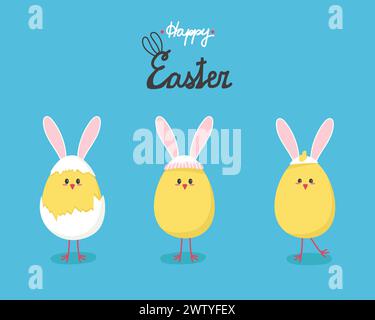 Three cute chicks with bunny ears happy easter. Vector illustration of a banner of funny chickens in the shape of an egg Stock Vector