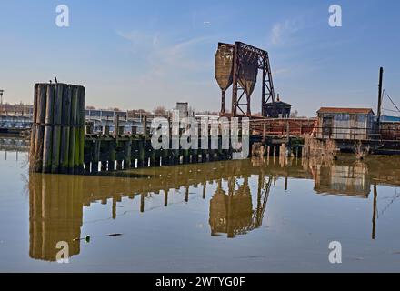 An old bascule railroad bridge,also known as a drawbridge. Over Overpeck Creek in N.J.entrance to the Hackensack River. Stock Photo