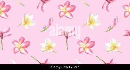 Watercolor frangipani seamless pattern. Hand drawn illustration. Plumeria or Temple tree flower. For textile, wallpaper, cosmetics design. Stock Photo