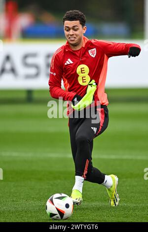 Brennan Johnson of Wales in action during the Wales open training session at Vale Resort Training complex, Hensol, United Kingdom. 20th Mar, 2024. (Photo by Craig Thomas/News Images) in, on 3/20/2024. (Photo by Craig Thomas/News Images/Sipa USA) Credit: Sipa USA/Alamy Live News Stock Photo