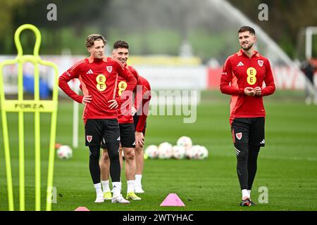 Chris Mepham and Charlie Savageof Wales during warms up ahead of the Wales open training session at Vale Resort Training complex, Hensol, United Kingdom, 20th March 2024 (Photo by Craig Thomas/News Images) in, on 3/20/2024. (Photo by Craig Thomas/News Images/Sipa USA) Credit: Sipa USA/Alamy Live News Stock Photo