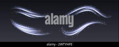 Cold wind with snow, air flow effect, winter freezing swirls, glowing light trails. Stock Vector