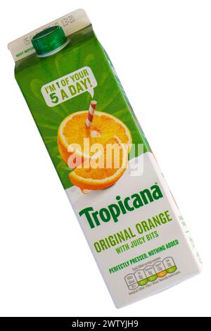 carton of Tropicana Original Orange with juicy bits isolated on white background - orange juice drink Stock Photo