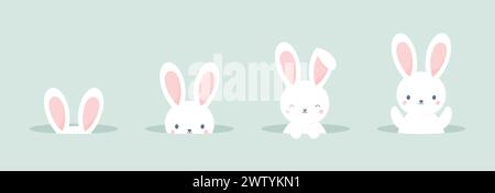 Set of cute Easter bunnies peeking out of burrows. Flat vector illustration Stock Vector