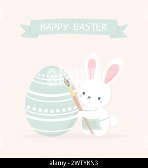 Easter greeting card. Cute Easter bunny in an apron with a brush painting an Easter egg. Flat vector illustration Stock Vector