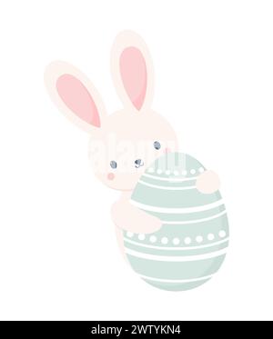 A cute rabbit hugging a big Easter egg, isolated on a white background. Flat vector illustration Stock Vector
