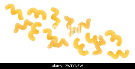 Raw cavatappi pasta falling on white background Stock Photo