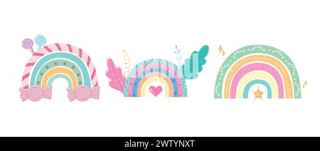 Hand drawn trendy rainbows with decorations. Scandinavian rainbow set. Cute decorations in candy colors. Vector illustration Stock Vector