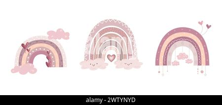 Hand drawn trendy rainbows with decorations. Scandinavian rainbow set. Cute decorations in pastel colors. Vector illustration Stock Vector