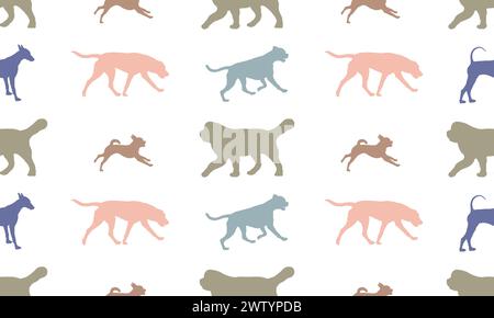 Dog silhouettes different breeds in various poses. Endless texture. Seamless pattern. Design for fabric, decor, wallpaper, wrapping paper, printing. Stock Vector