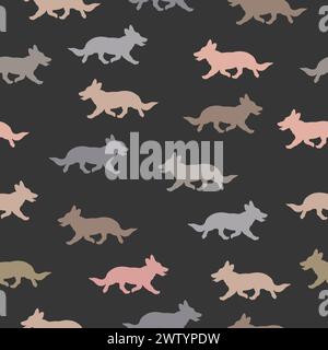 Running pembroke welsh corgi puppies differen colors. Isolated on a black background. Seamless pattern. Endless texture. Pet animals. Design for print. Stock Vector
