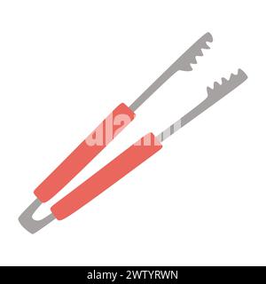Red Kitchen Tongs. Vector Flat Illustration Isolated on White background. Cartoon BBQ Tool for Grilling, Frying meat. Culinary Equipment for Picnic Ti Stock Vector