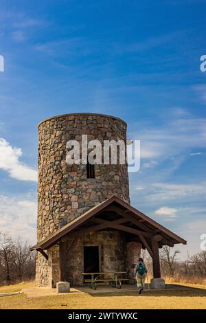 Stone observation tower built by the CCC in Pilot Knob State Park, Iowa, USA Stock Photo