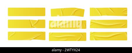White stickers, glued paper patches and adhesive tapes with wrinkles. set of rectangular blank sticky tags and labels with folds . Vector illustration Stock Vector
