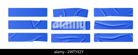 White stickers, glued paper patches and adhesive tapes with wrinkles. set of rectangular blank sticky tags and labels with folds . Vector illustration Stock Vector