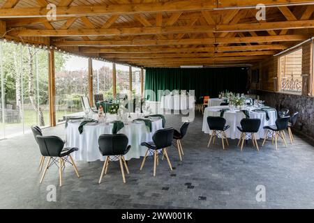 a wedding table with food in a restaurant Stock Photo