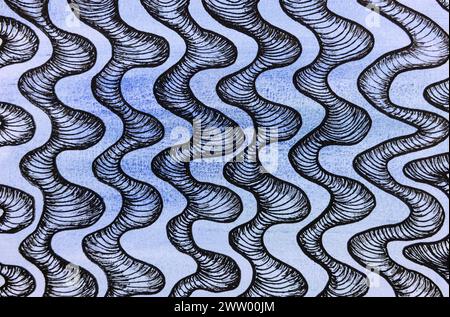 Repetitive curly worms on blue background. The dabbing technique near the edges gives a soft focus effect due to the altered surface roughness of the Stock Photo