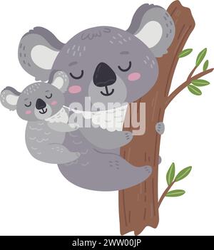 Cute koala family mother with children sit on the ground cartoon animal ...