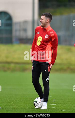 Cardiff, UK. 20th Mar, 2024. Aaron Ramsey of Wales laughs as he looks happy to be back at Wales football team training at Hensol, Vale of Glamorgan in South Wales on Wednesday 20th March 2024. The team are training ahead of the UEFA Euro 2024 qualifying match against Finland tomorrow. pic by Credit: Andrew Orchard sports photography/Alamy Live News Stock Photo