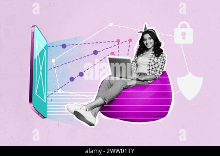 Trend artwork composite sketch image 3D photo collage of black white office manager work remote sit in beenbag hold laptop secure protect Stock Photo